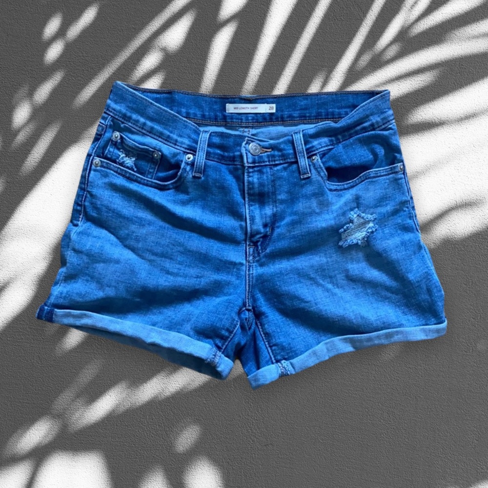 2/$40 Levi’s Light Wash Mid Length Distressed Denim Shorts